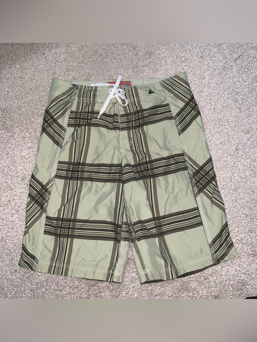 Men's Light Green Plaid Swim Board Shorts with Drawstring